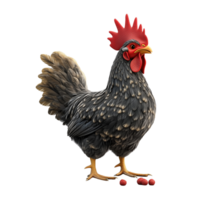 A 3D chicken with a bright red comb pecking on the farm ground, isolated on transparent background png