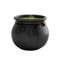 A mystical 3D black witch cauldron with a green potion bubbling, isolated on transparent background png