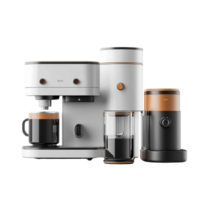 A 3D rendered modern kitchen appliance set with sleek design, featuring a microwave, toaster, and kettle, isolated on transparent background png