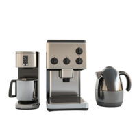 A 3D rendered modern kitchen appliance set with practical designs, including a mixer, toaster, and coffee maker, isolated on transparent background png