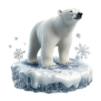 A beautiful 3D polar bear surrounded by sparkling snowflakes on ice, isolated on transparent background png