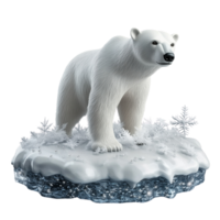 A 3D model of a polar bear standing on icy terrain with sparkling snowflakes, isolated on transparent background png