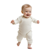 Baby lächelnd und nehmen ihr zuerst Schritte im ein süß Strampler auf ein transparent Hintergrund png