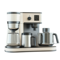 A 3D rendered modern kitchen appliance set, including a coffee maker, toaster, and blender, isolated on transparent background png