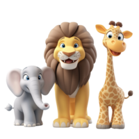 A 3D Safari Squad featuring a lion, giraffe, and elephant in a playful arrangement, isolated on transparent background png