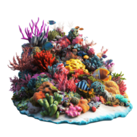 A 3D model of a vibrant coral reef teeming with lively colorful fish, isolated on transparent background png
