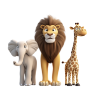 A 3D Safari Squad featuring a lion, elephant, and giraffe in playful poses, isolated on transparent background png