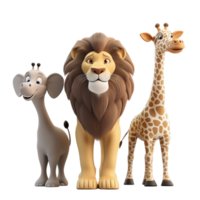 A 3D Safari Squad featuring lion, elephant, and giraffe standing side by side, isolated on transparent background png
