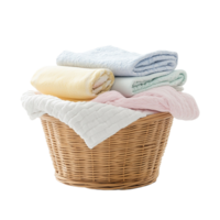A basket filled with soft folded clothes in pastel shades, isolated on transparent background png