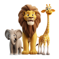 A 3D Safari Squad featuring a majestic lion, playful elephant, and curious giraffe, standing together isolated on transparent background png
