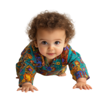Baby with Curly Hair Exploring First Steps in Colorful Outfit Radiating Curiosity and Determination Isolated on Transparent Background png