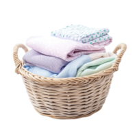A basket filled with neatly folded soft fabrics in pastel colors, isolated on transparent background png