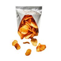 Spicy Chips Bag Partially Open with Chips Spilling Out on a Clear Transparent Background png