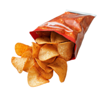 A Bag of Spicy Flavored Chips Partially Open With Chips Spilling Out on Transparent Background png