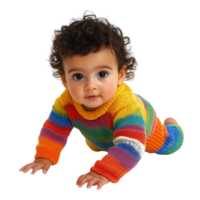 Cute Baby with Curly Hair Making First Steps in Colorful Outfit Showing Curiosity and Determination Isolated on Transparent Background png