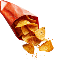 A Partially Open Bag of Spicy Flavored Chips with Crispy Chips Spilling Out Isolated on a Transparent Background png
