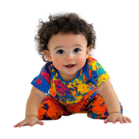 Baby with Curly Hair Taking First Steps Looking Curious and Determined in Colorful Outfit Isolated on Transparent Background png