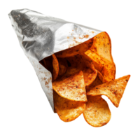 A Bag of Spicy Crunchy Chips Slightly Open with Some Chips Scattered Around on a Transparent Background png