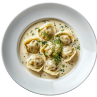Tender Dumplings in a Luscious Cream Sauce Garnished with Fresh Herbs Isolated on a Transparent Background png