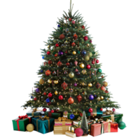 Elegant Christmas Tree with Colorful Baubles and Wrapped Presents Placed Underneath on a Transparent Backdrop png