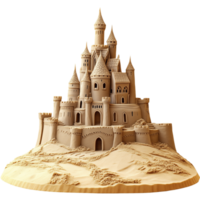 Detailed sandcastle with beautiful windows and doors, set on a golden shore, Isolated on transparent Background png