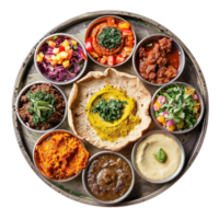 A beautifully arranged Ethiopian injera platter with vibrant stews, isolated on transparent Background png