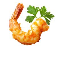 Golden Fried Prawn with Crispy Batter and Parsley Garnish Isolated on Transparent Background png