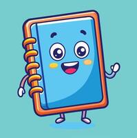 Cute Smiling Notebook Character Waving Hello Against Light Blue Background vector
