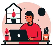 Man Working From Home On Laptop With Plants And Candle Illustration vector