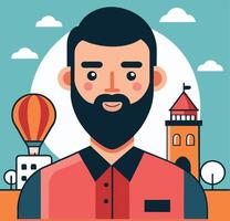Creative Portrait Of Man With Beard And Cityscape Background In Cartoon Style vector