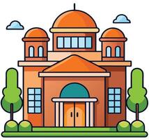 Cartoon Style Illustration Of A Grand Building With Trees And Sky vector