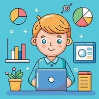 Boy Working On Laptop With Data Analysis Graphics And Business Elements vector