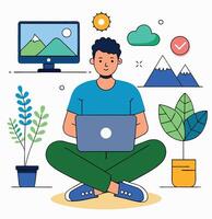 Man Working From Home With Laptop And Plants In Flat Style vector