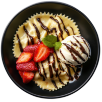 Dumpling ravioli drizzled chocolate sauce, vanilla ice cream and fresh strawberries transparent Background png