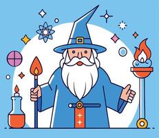 Cartoon Wizard Character With Magic Elements In Modern Flat Style vector