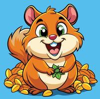 Happy Cartoon Squirrel Character With Nuts And Green Leaves Illustration vector