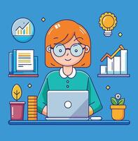 Cheerful Woman Working On Laptop Analyzing Business Data And Generating Ideas vector