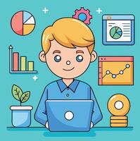 Cartoon Business Analyst Working With Data On A Laptop Computer Illustration vector