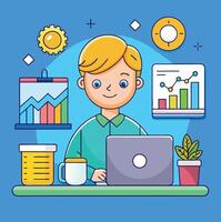 Cartoon Character Working On Laptop Analyzing Data And Charts On Blue Background vector