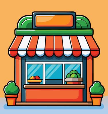 Cute Cartoon Storefront Illustration With Awning And Potted Plants Design