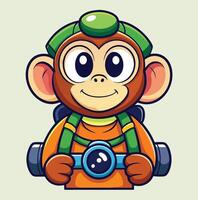 Cartoon Monkey Character Ready For Adventure With Backpack And Headlamp Illustration vector