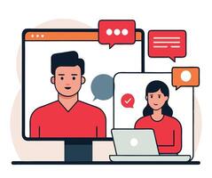 Virtual Meeting Illustration Two People In Online Communication Using Computer Devices vector