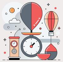 Conceptual Illustration Of Time Management With Scales Clocks And Balloons For Business Planning vector