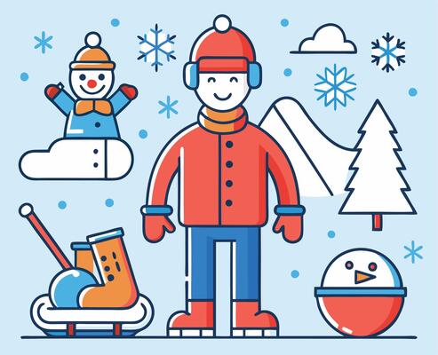 Cheerful Winter Illustration With Snowman Sled And Snowflakes For Holiday Designs