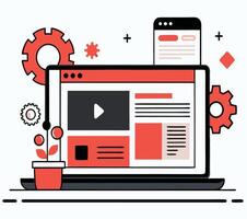 Web Development Concept With Laptop Gears And Website Elements Flat Design vector