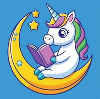 Cartoon Unicorn Reading Book On Moon With Stars Bright Blue Background vector
