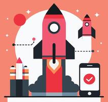 Startup Launch Illustration With Rocket Mobile App And Innovative Elements Design vector