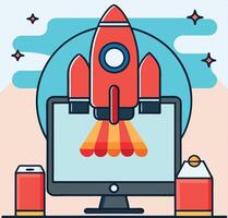 Cartoon Rocket Launch From Monitor Screen With Beverages In A Creative Workspace vector