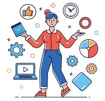 Woman Surrounded By Business Icons Technology And Data Visualization Tools Illustration vector
