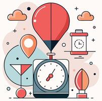 Creative Abstract Illustration With Clock,Balloon,Map Pin And Clouds vector